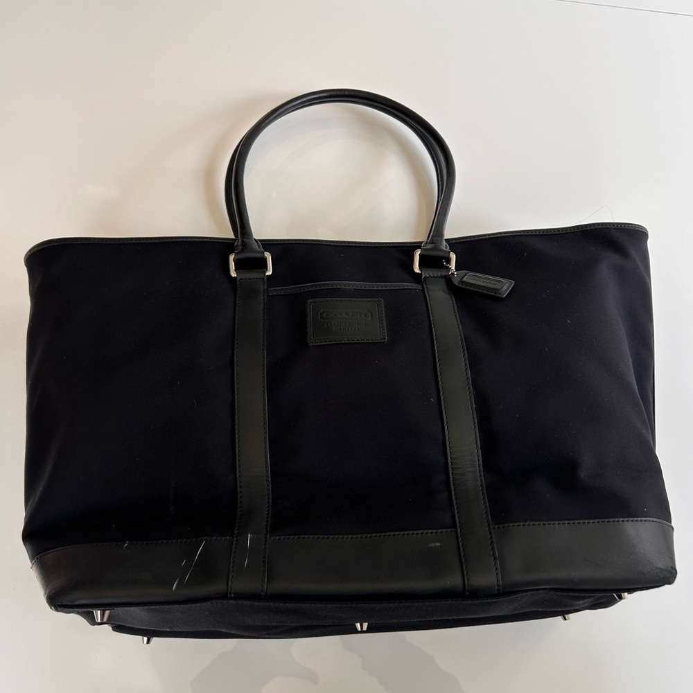 Coach canvas extra large weekender canvas black tote leather trim double zipper